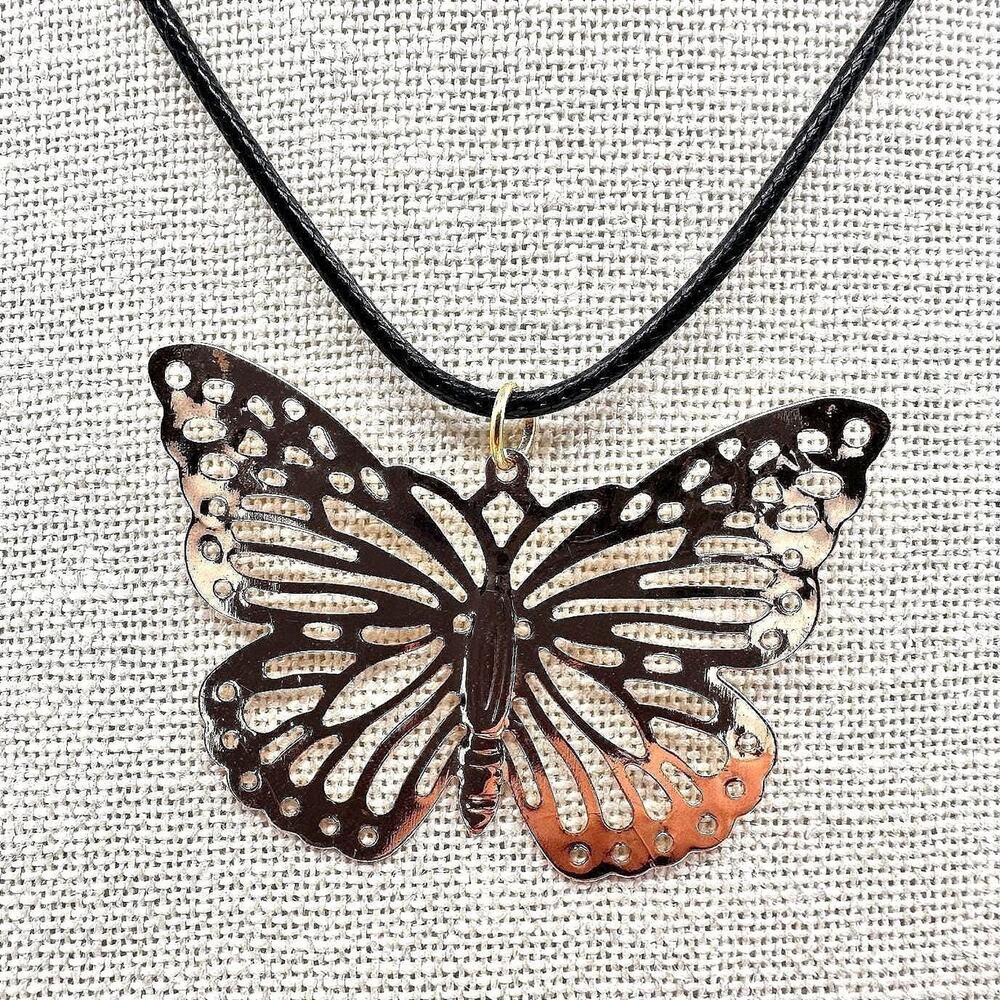Vintage 90s Gold Tone Butterfly Pendant Necklace Black Cord Boho Fashion Jewelry